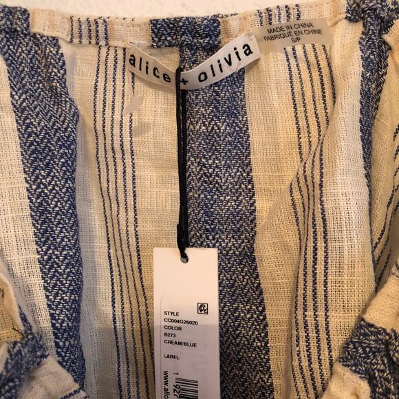 Alice + Olivia blue cream Celestia Flutter sleeve crop top linen stripes Size S - Picture 3 of 5